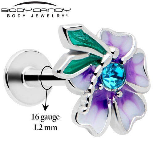Labret de 1/4" (6 mm) con gema azul de 16G (1,2 mm) y flor de hada púrpura