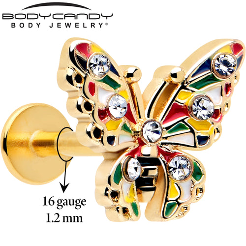 Labret de mariposa con bloques de color y gema transparente, tono dorado, 1/4 de 16G