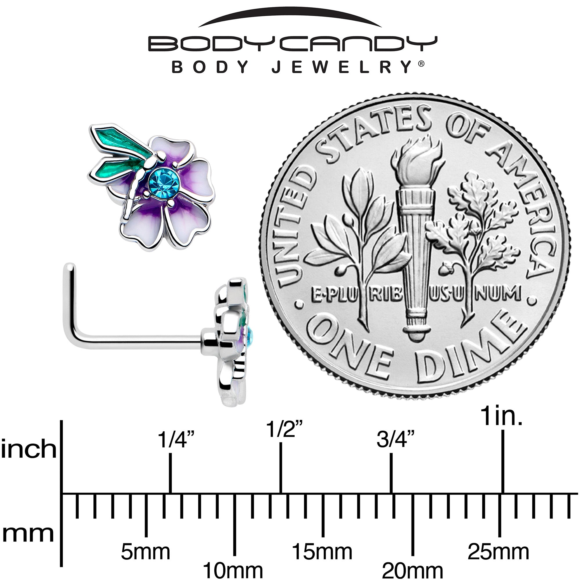 Anillo de nariz de 20G y 7 mm, en forma de L, con flor de hada de gema azul y morado