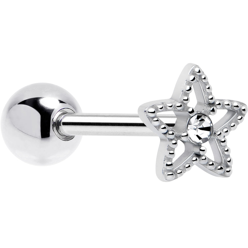 Anneau de langue barbell avec gemme claire et texture étoile