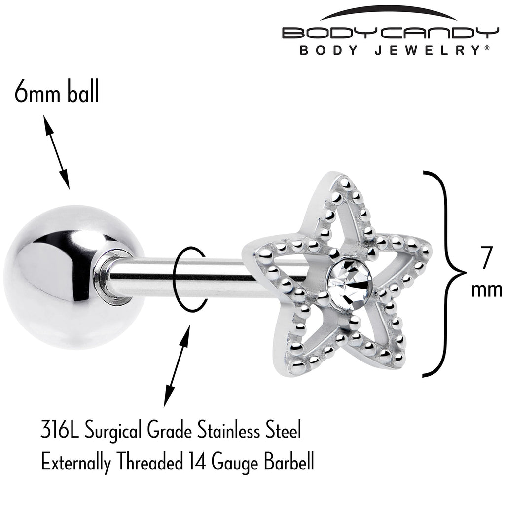 Anneau de langue barbell avec gemme claire et texture étoile