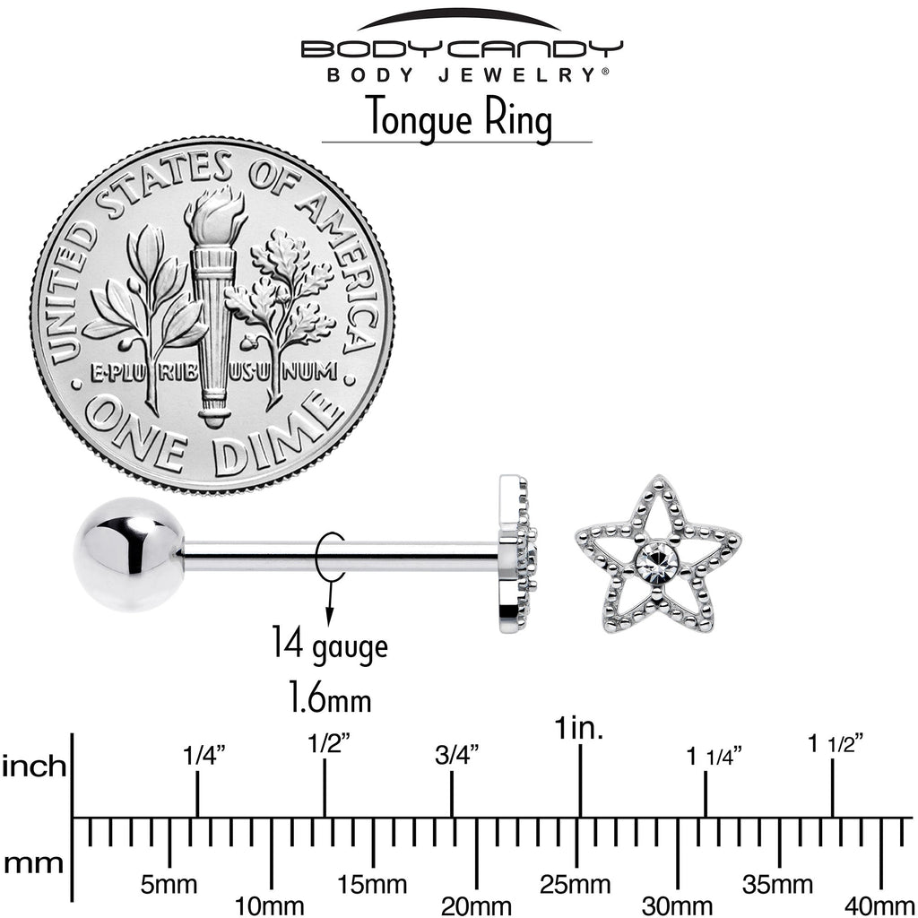Anneau de langue barbell avec gemme claire et texture étoile