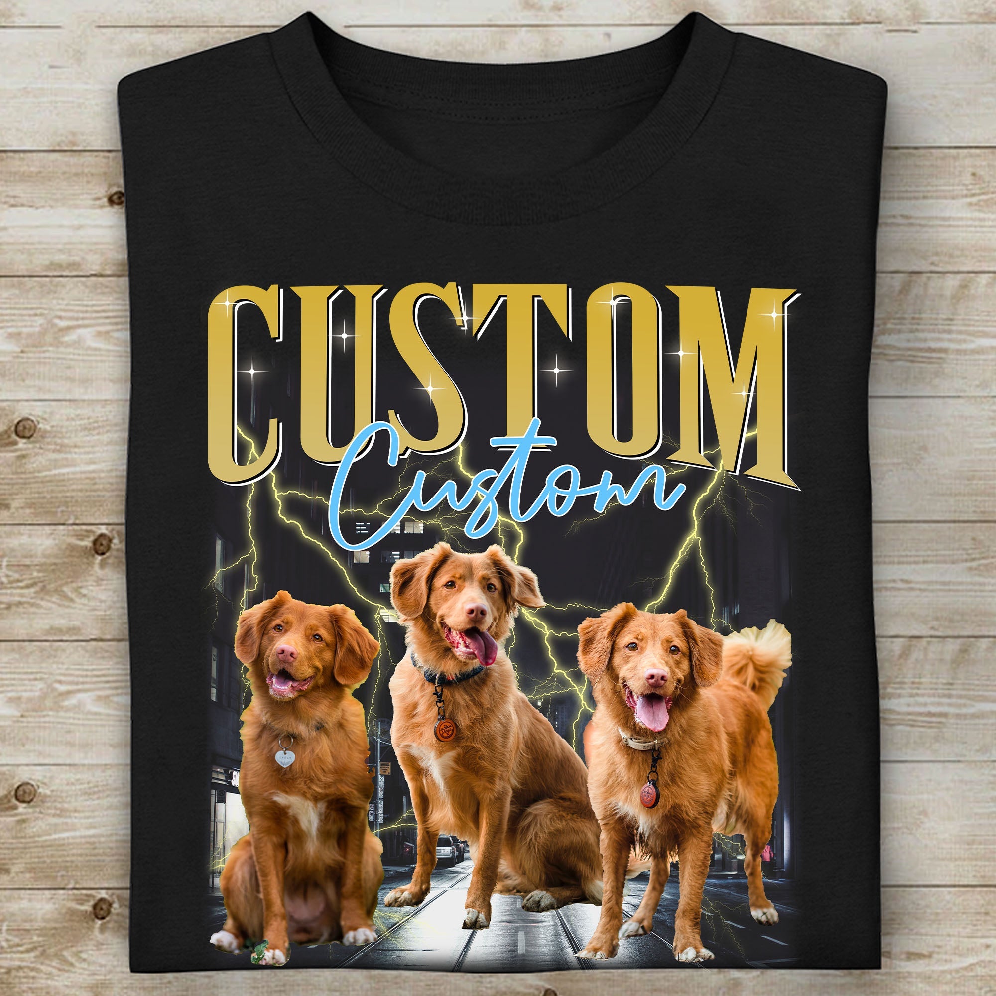 Vista previa en vivo Personaliza tu camiseta de mascotas, camiseta estilo bootleg con retrato retro vintage, personalizada con la foto de tu propio perro o gato, regalo para papá o mamá C775